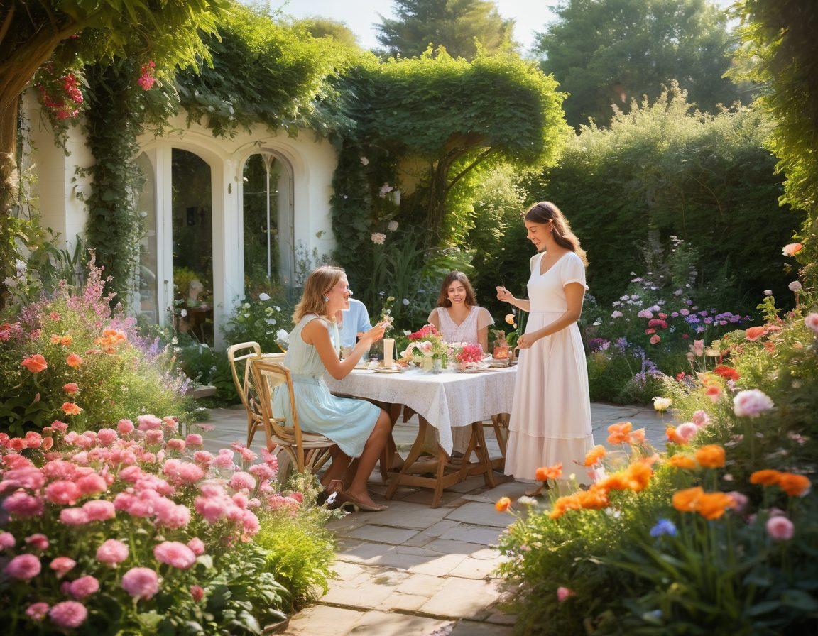 A lush, sunlit garden filled with vibrant flowers and greenery, where a diverse group of people, smiling and laughing, engage in joyful activities like playing games, painting, and sharing stories. A glowing key symbolizing 'secrets' hovers above, radiating warmth and positivity. Gentle pastel colors dominate the scene, creating an inviting and uplifting atmosphere. whimsical style. soft focus. vivid colors.