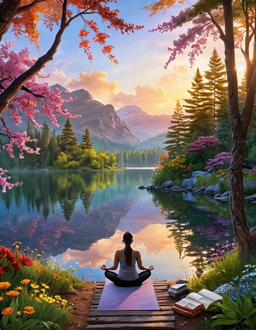 A serene landscape featuring a sunrise over a peaceful lake, surrounded by vibrant trees and blooming flowers. Include a person meditating on the shore, embodying tranquility and happiness. Integrate subtle symbols of wellness like books, yoga mats, and essential oils scattered around. The scene should emanate an aura of calm and positivity, inviting viewers to explore the journey of well-being. ultra-realistic. vibrant colors. peaceful atmosphere.