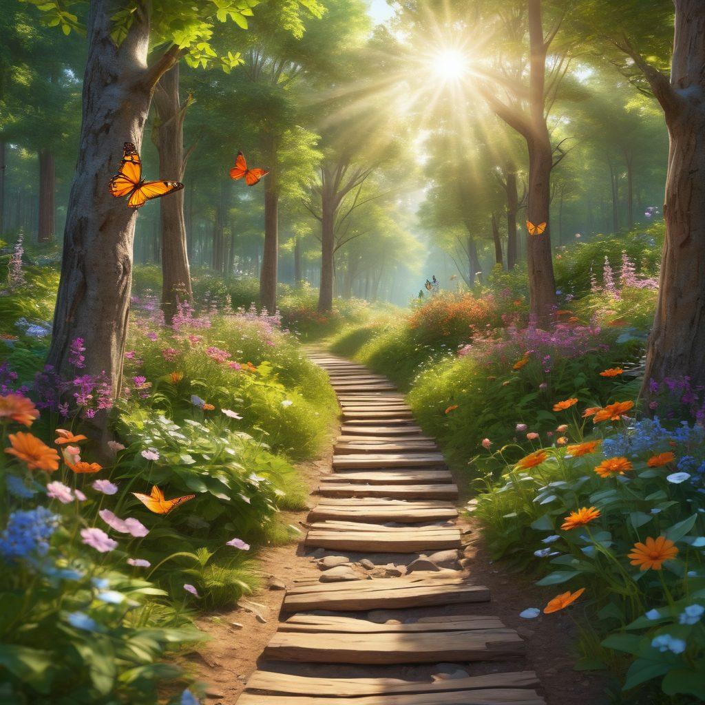 A serene landscape featuring a sunlit path leading through a lush, green forest, with joyful individuals practicing self-care activities like meditation and yoga amidst blooming flowers. Incorporate symbols of happiness such as butterflies and sunbeams breaking through the trees. A warm, inviting atmosphere that encourages tranquility and self-discovery. vibrant colors. 3D. peaceful art.